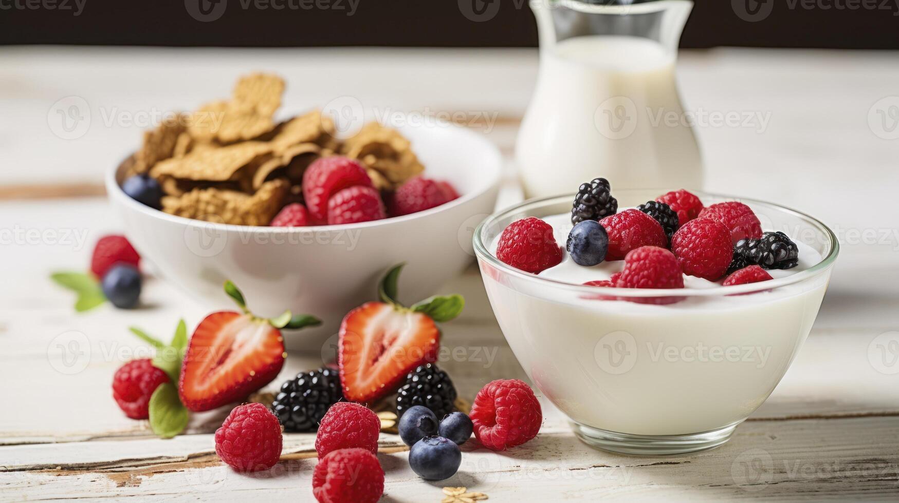 AI generated A Healthy Combination of Cereal, Milk, and an Assortment of Berries, Sweetened with Honey on a White Wood Background photo