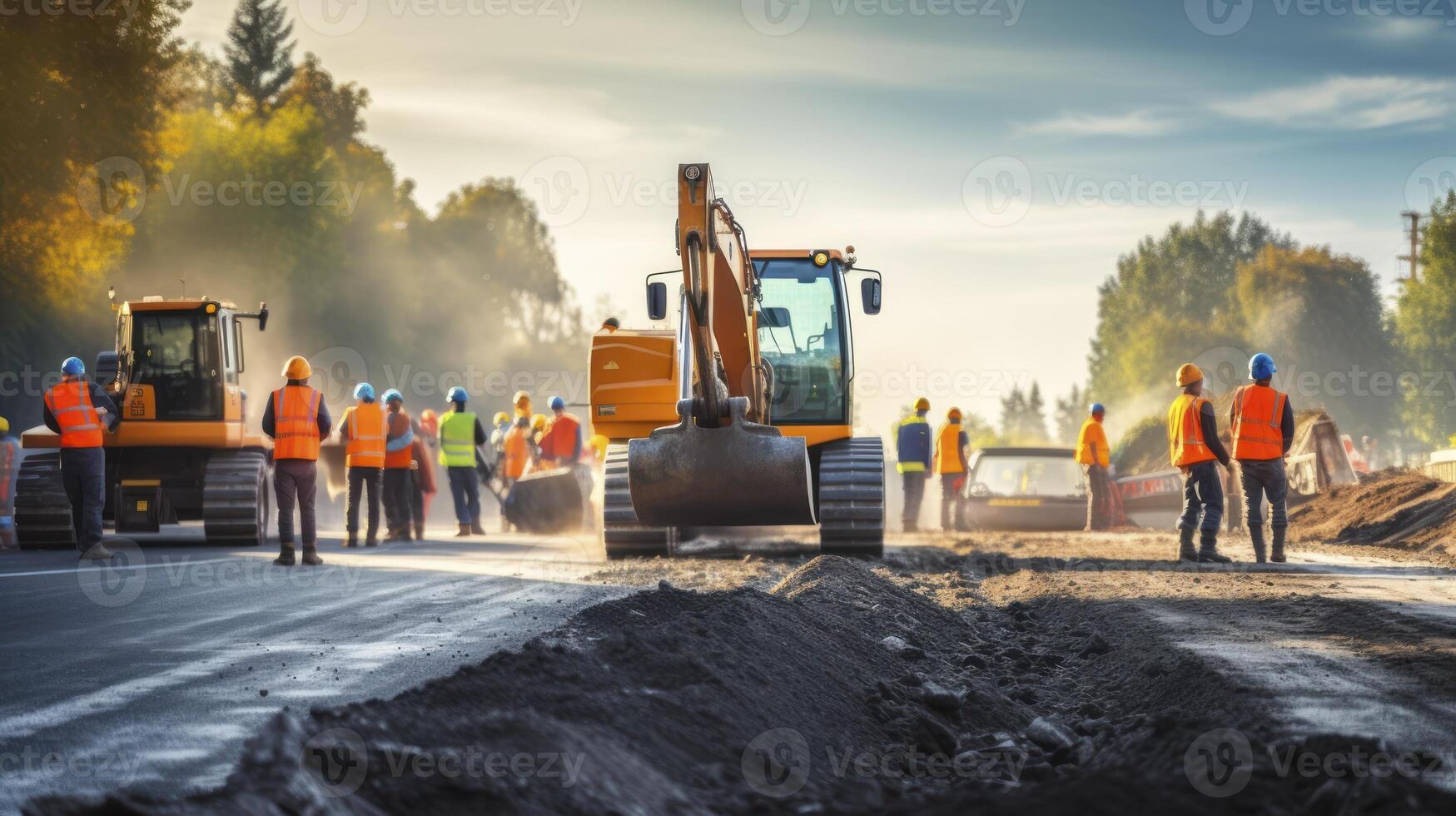 ai generado Ingenieria el calzadas - el intenso trabajo de edificio un nuevo asfalto carretera, capturado a un construcción sitio foto