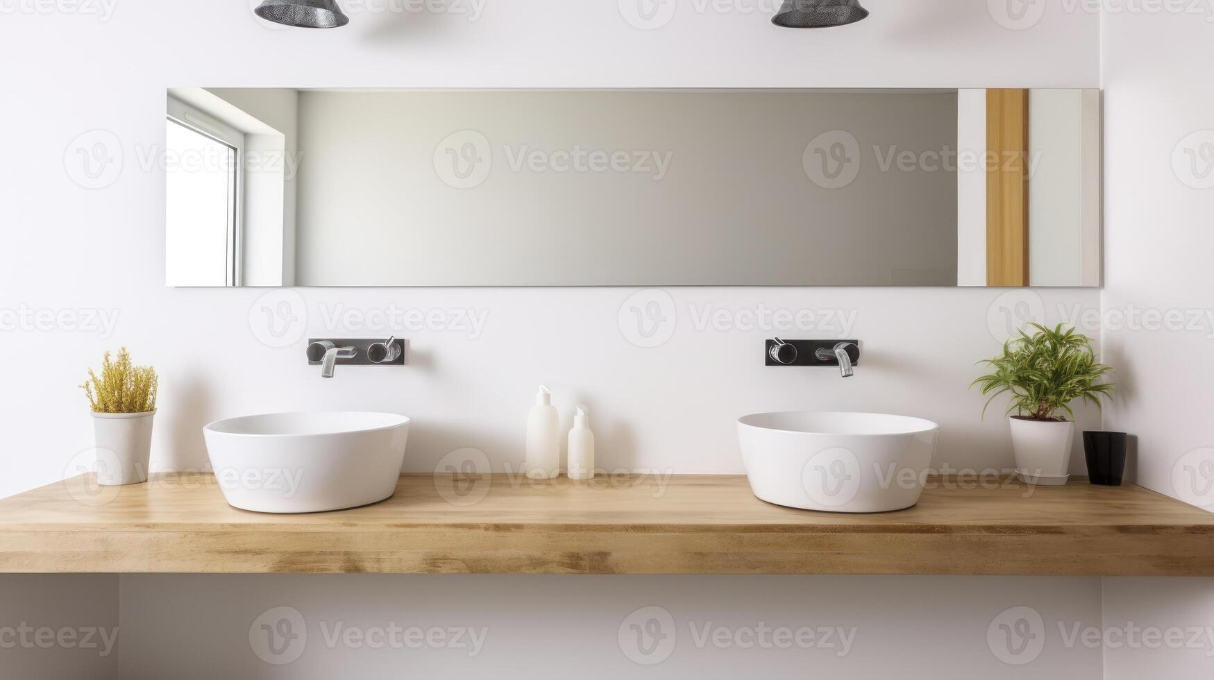 AI generated A Stylish Bathroom with Two Sinks and a Sleek Wooden Vanity Surface photo