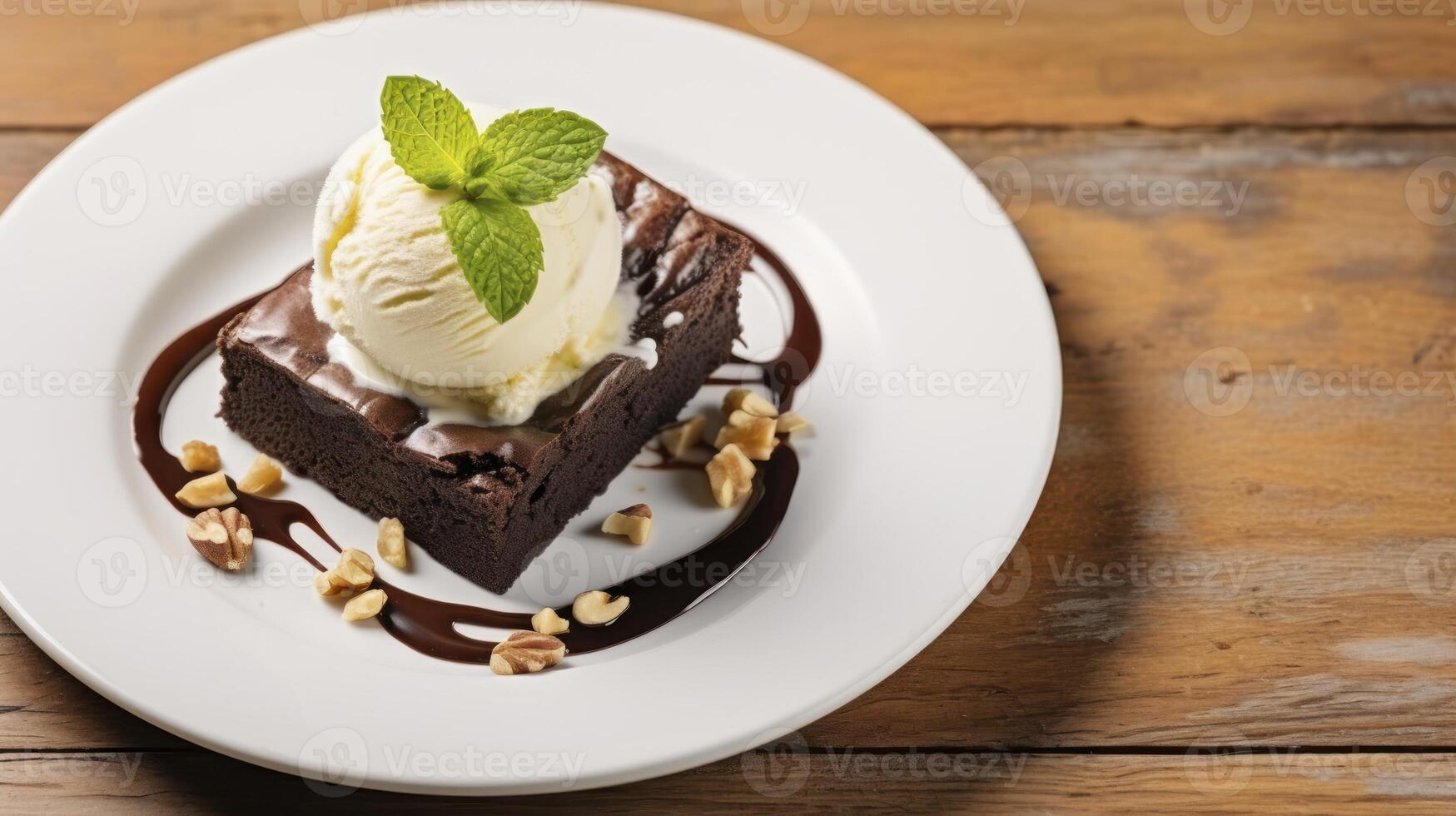 ai generado un chocolate duende emparejado con vainilla hielo crema, nueces, y menta en un blanco lámina. Copiar espacio. foto