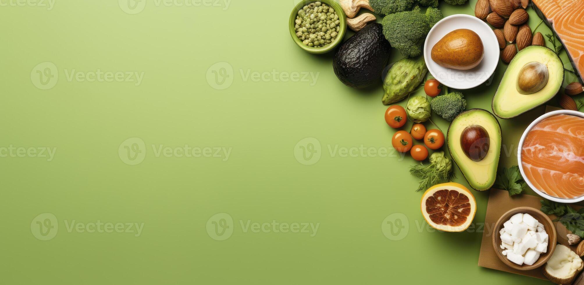 AI generated A Vibrant Display of Salmon, Avocado, Eggs, Nuts, and Seeds on a Bright Green Background photo