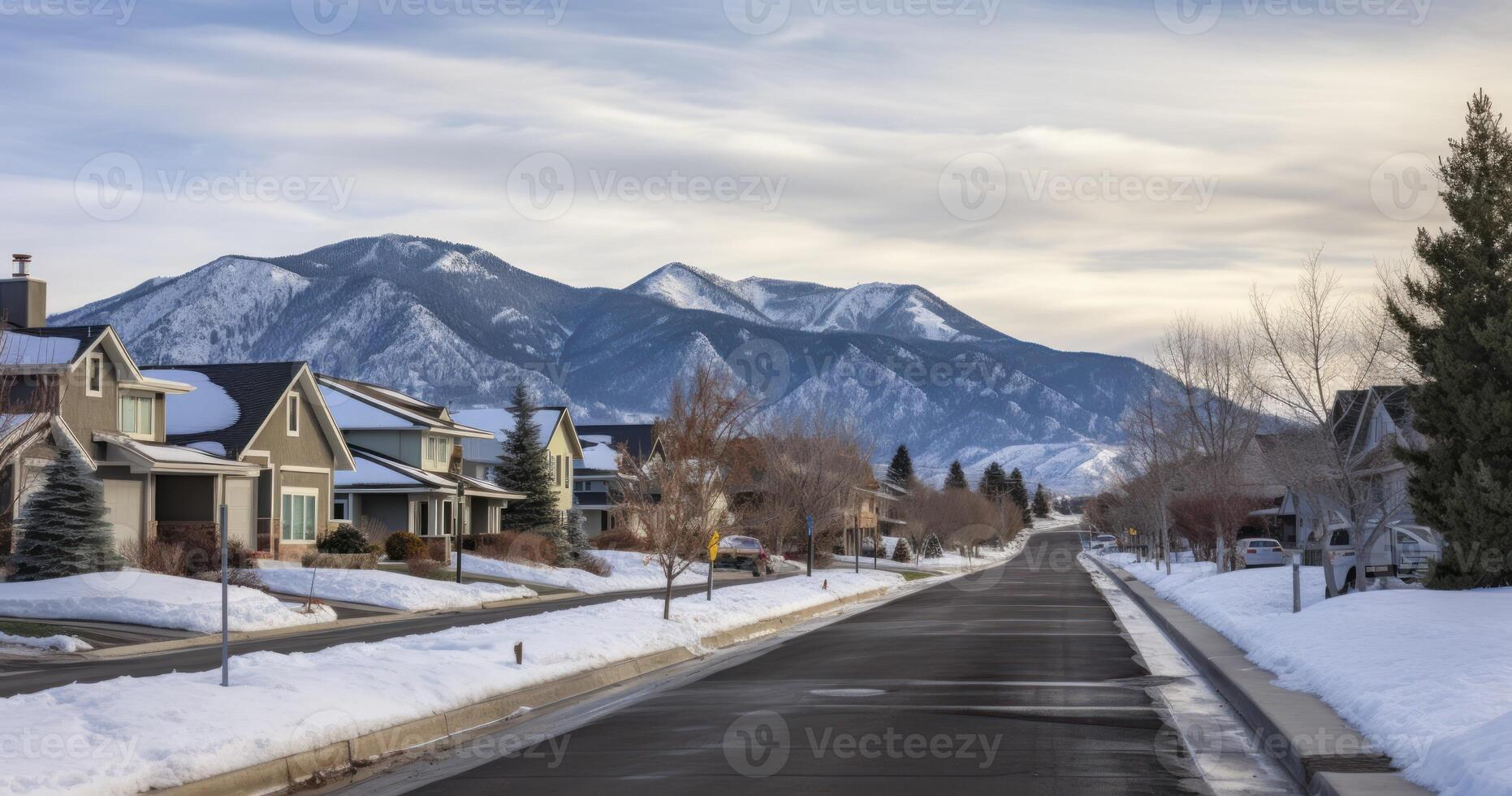 AI generated Residential Houses Line a Road with a Majestic Mountain Backdrop on a Cloudy Winter Day photo