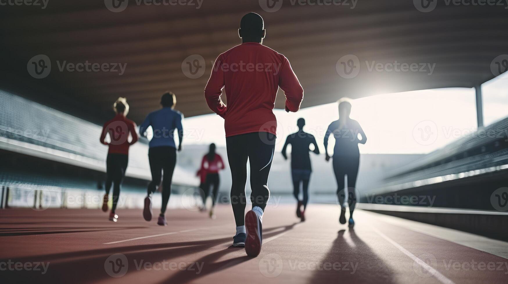 AI generated Sportspeople in Focused Training, Running on a Racetrack, Seen from the Back photo