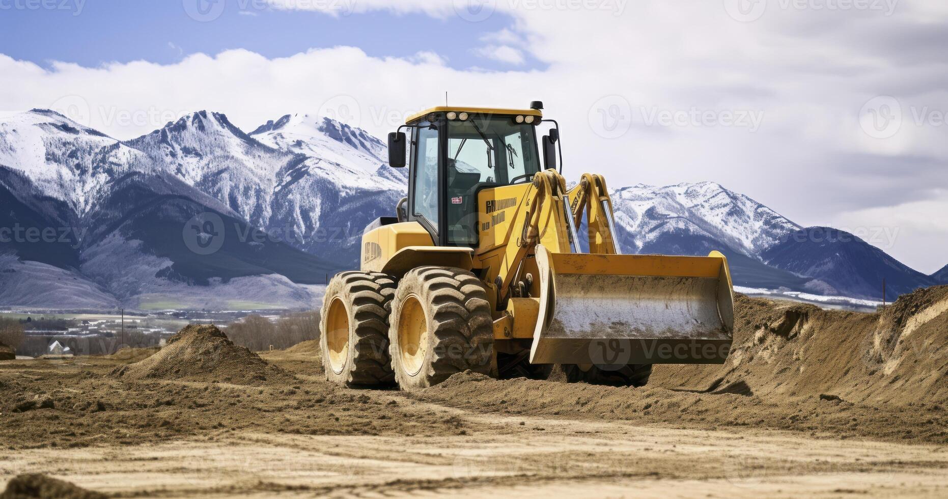 ai generado un amarillo excavadora estacionado borde del camino por un suelo montículo foto