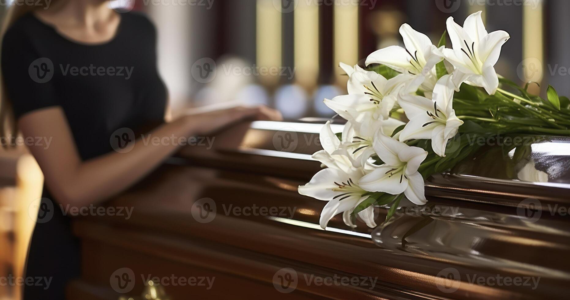 AI generated A Grieving Woman with White Lilies at a Coffin in a Church Funeral Ceremony photo