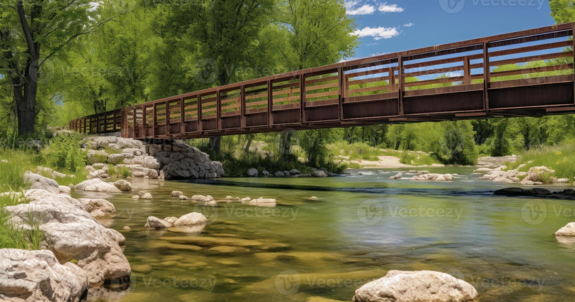 ai generado un escénico puente terminado un espumoso río, enmarcado por rocoso bancos, lozano árboles, y un azul cielo con mullido nubes foto