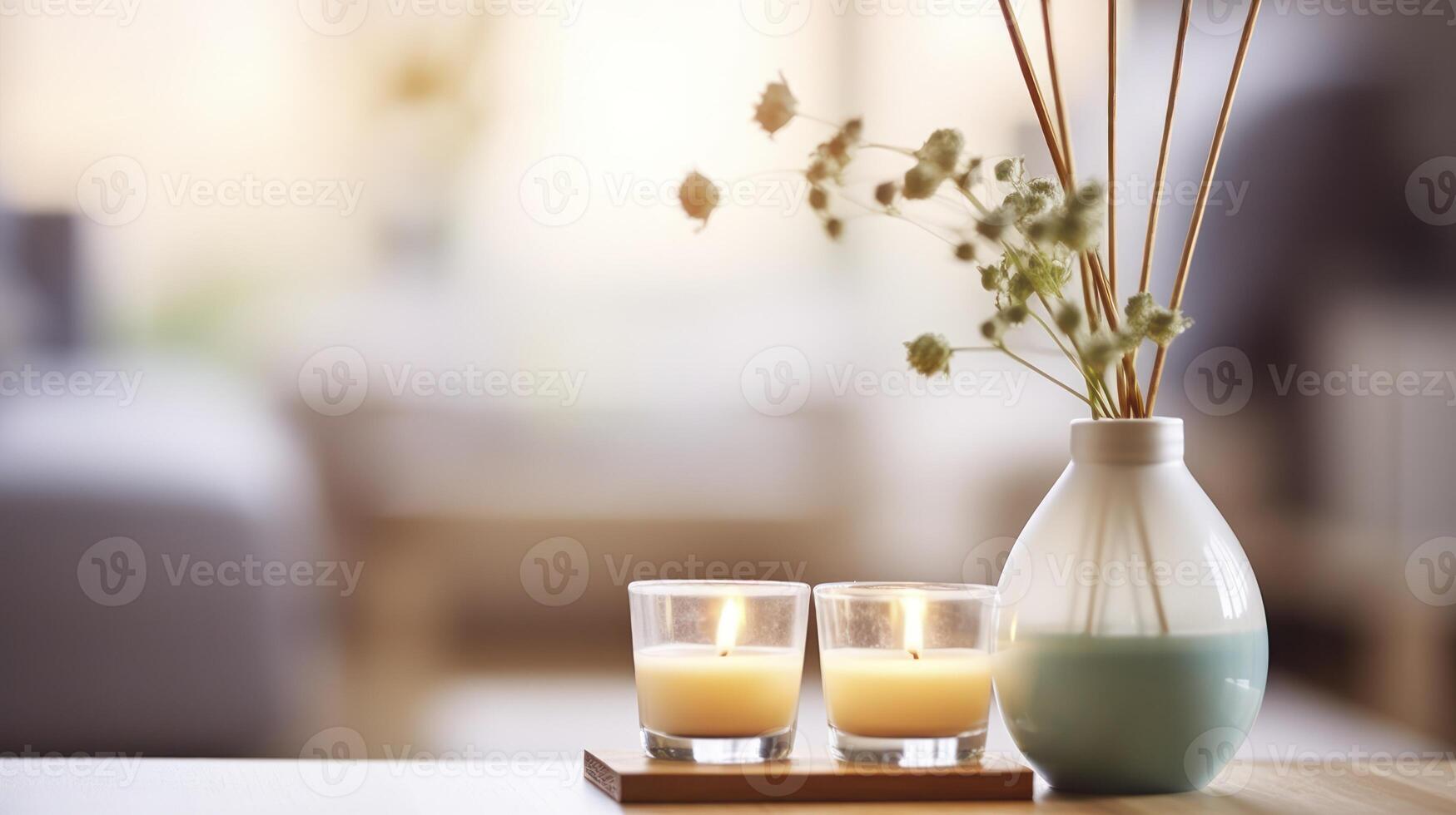 AI generated The Essence of Hygge with an Aroma Reed Diffuser, Candle, Eucalyptus, and Perfume Elegantly Arranged on a Home Table photo