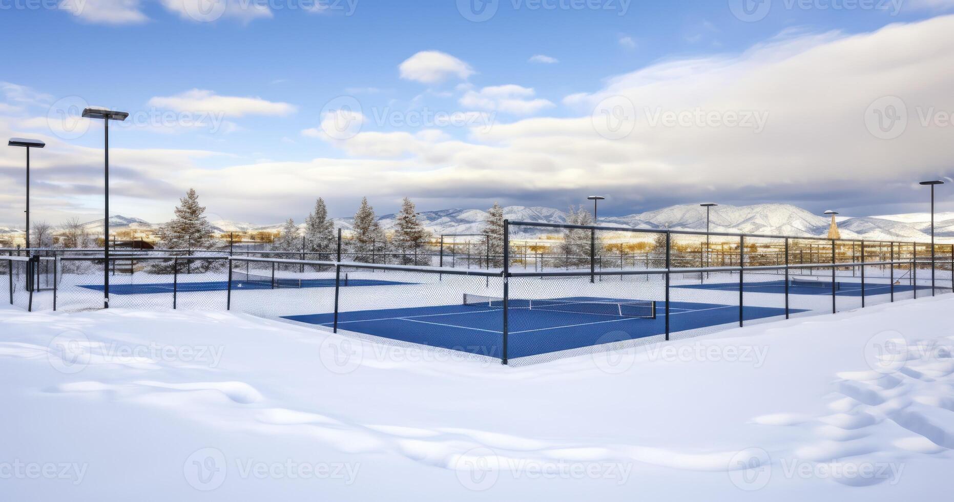 AI generated A Snow-Covered Tennis Court Set Against a Backdrop of Homes, Mountains, and a Bright Cloudy Sky photo