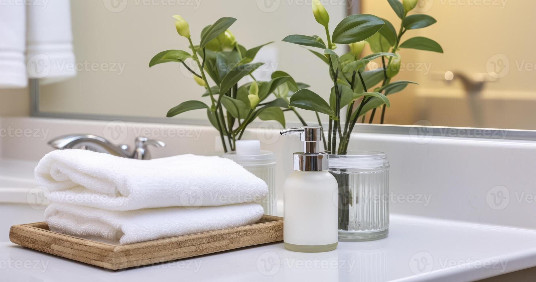 AI generated A Tray of Face Towels, Hand Soap, and Potted Plant Adorn a Clean Bathroom Vanity with Mirror and Marble Countertop photo