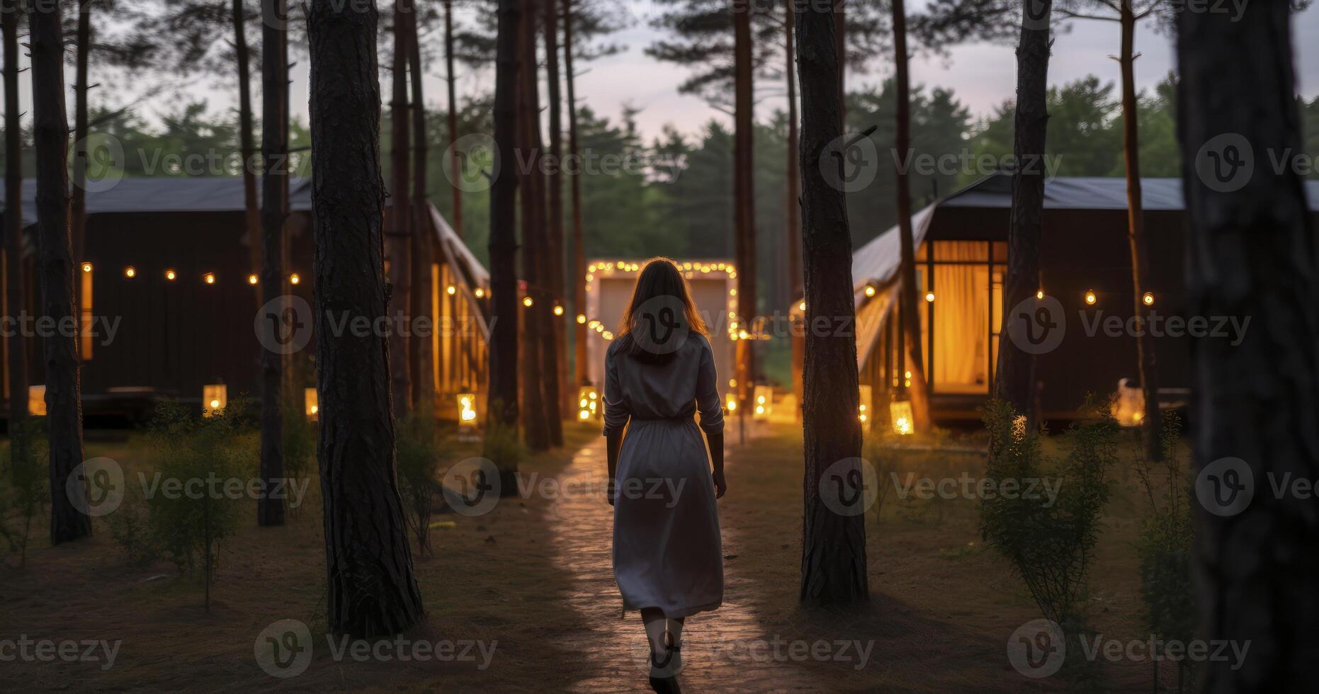 AI generated A Serene Evening Walk in the Pines, Close to a Warmly Illuminated Lounge Area by a Forest Cabin photo