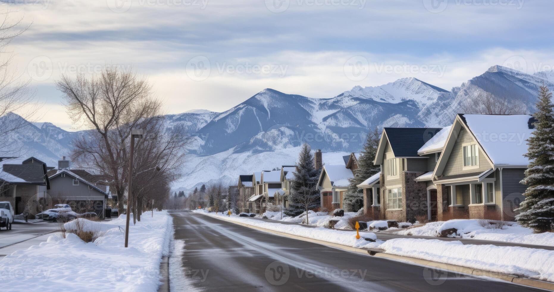 AI generated A Snow-Blanketed Street in a Residential Area, Offering Picturesque Views of Cloudy Skies and Mountains photo