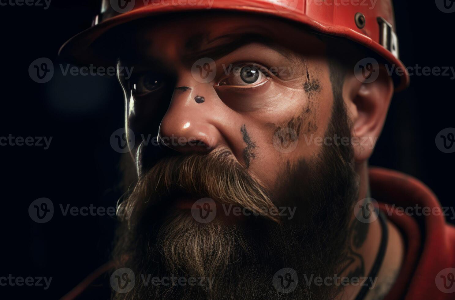 AI generated Bearded worker realistic dirty skin face. Generate ai photo