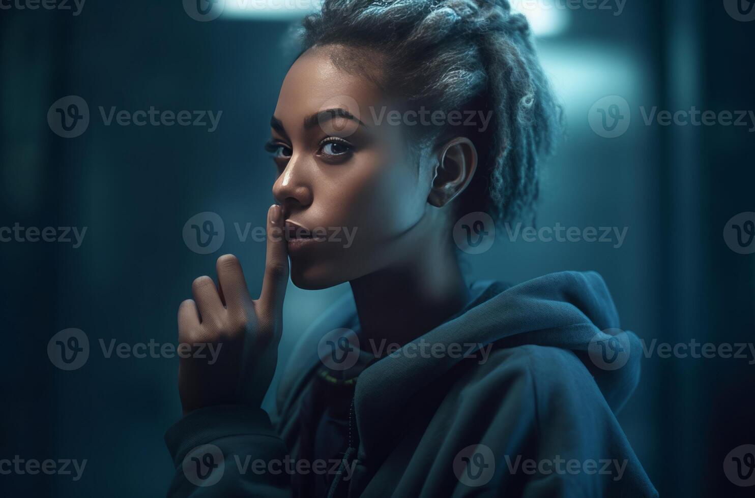 AI generated Woman showing finger silence sign. Generate ai photo