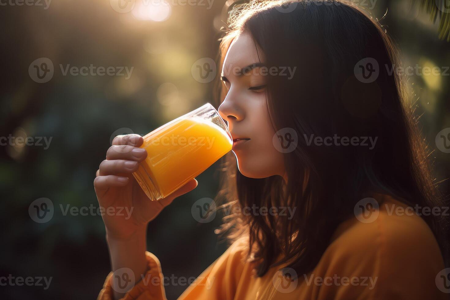 AI generated Woman drinking orange juice. Generate AI photo