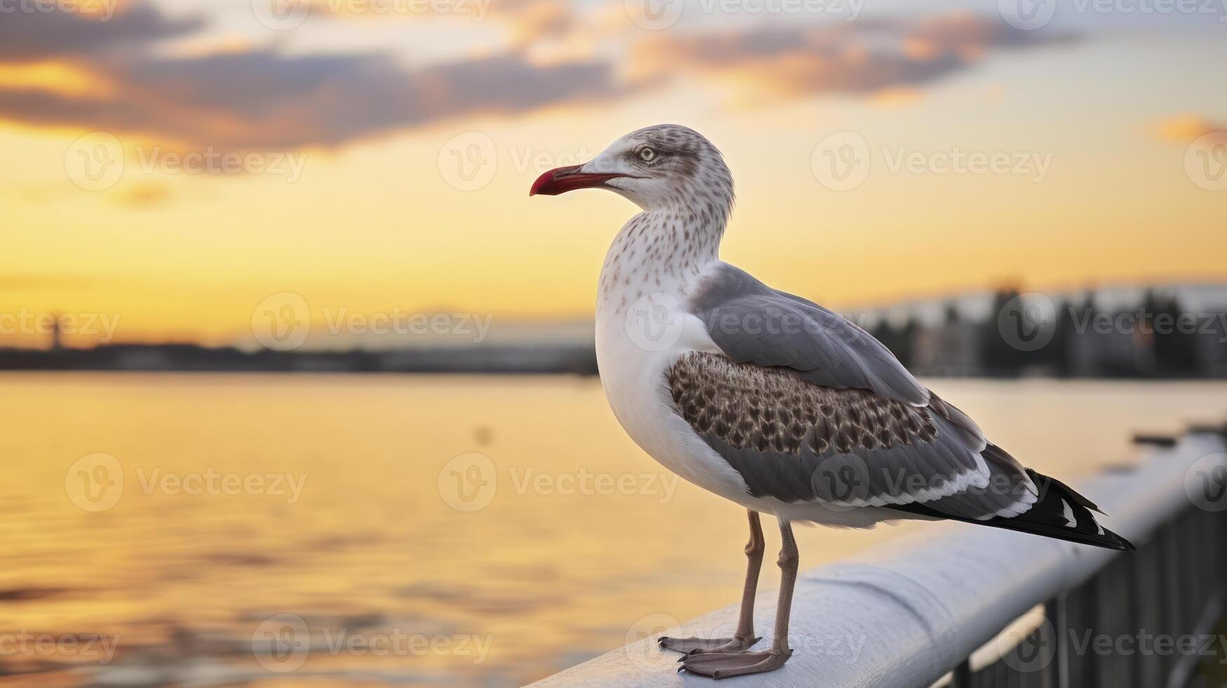 AI generated Seaside Serenity - Capturing the Graceful Pose of a Seagull on a Pier at Sunset photo