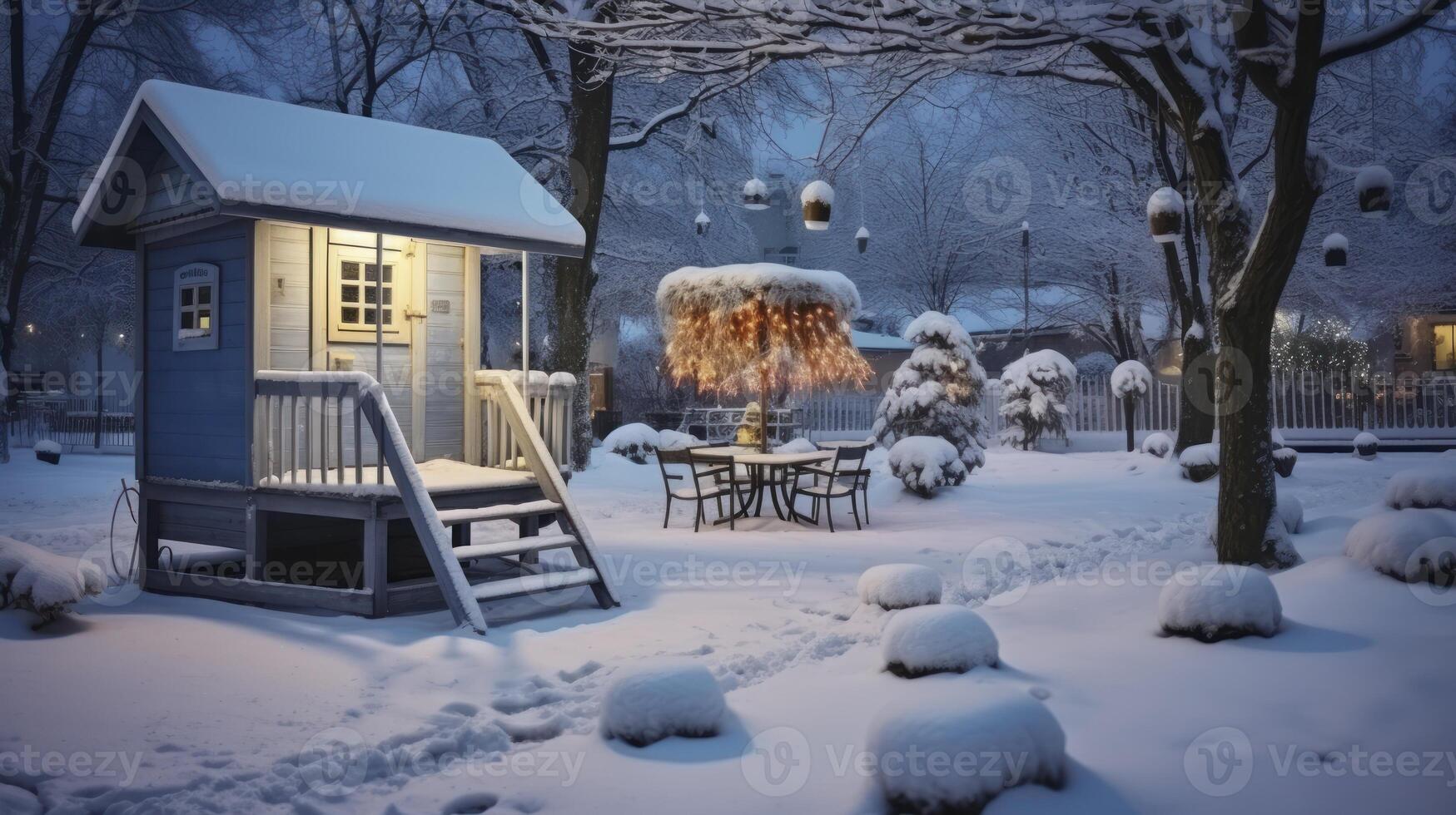 AI generated A Winter Garden's Tranquil Transition into a Snow-Blanketed Play Area at Night photo