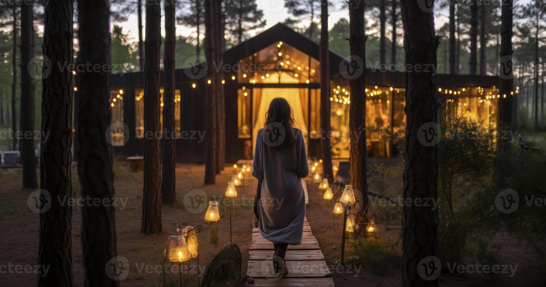 ai generado un mujer explora el pino bosque cerca un encantador, iluminado salón por un cabina a oscuridad foto