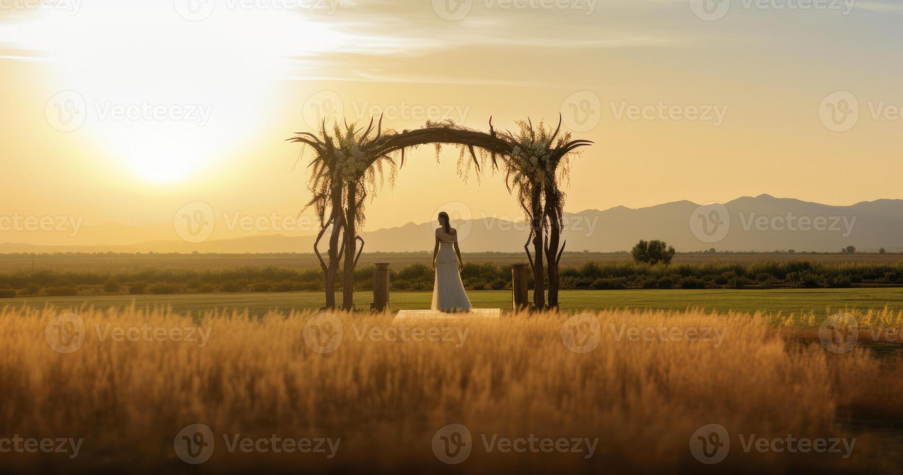 AI generated An Outdoor Wedding Ceremony at Sunset Under the Traditional Chuppah photo