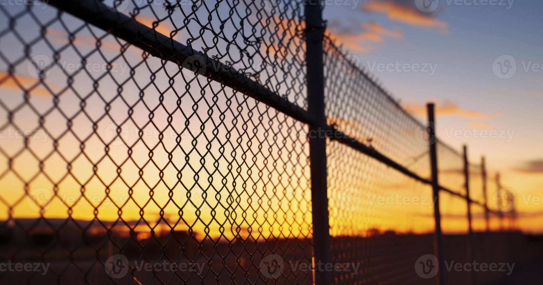 AI generated An Outside View of a Secure Area Enclosed by a Mesh Wire Fence with Barbed Wires at Sunset photo