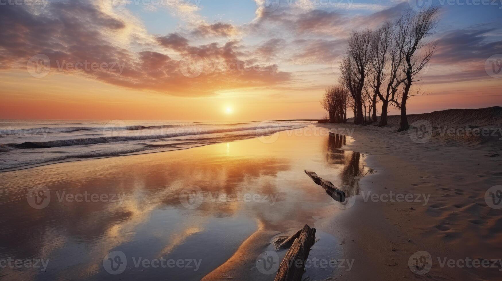 AI generated The Enchanting Beachfront of the Baltic Sea Illuminated by Sunrise photo