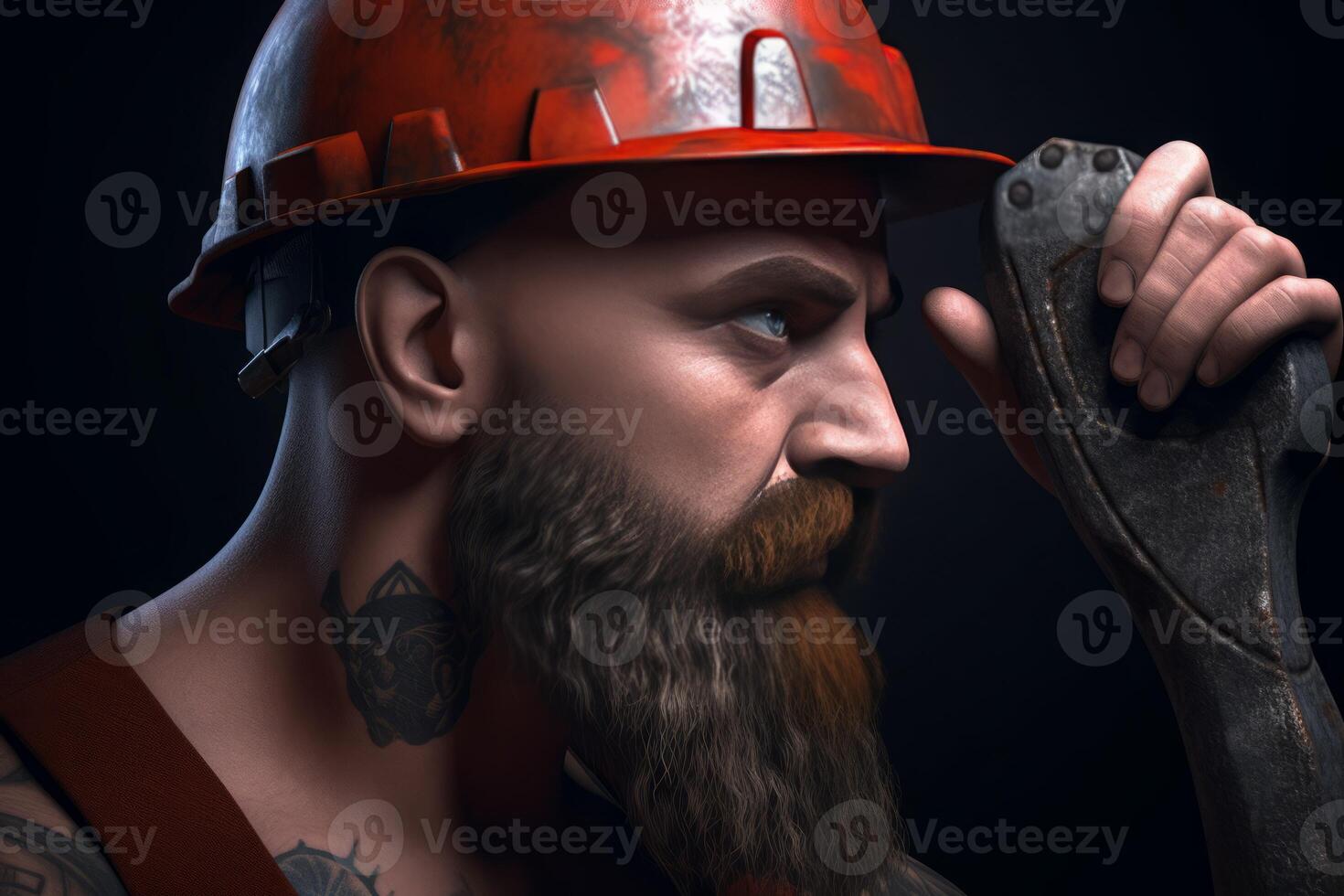 AI generated Bearded industrial worker with safety helmet portrait. Generate ai photo