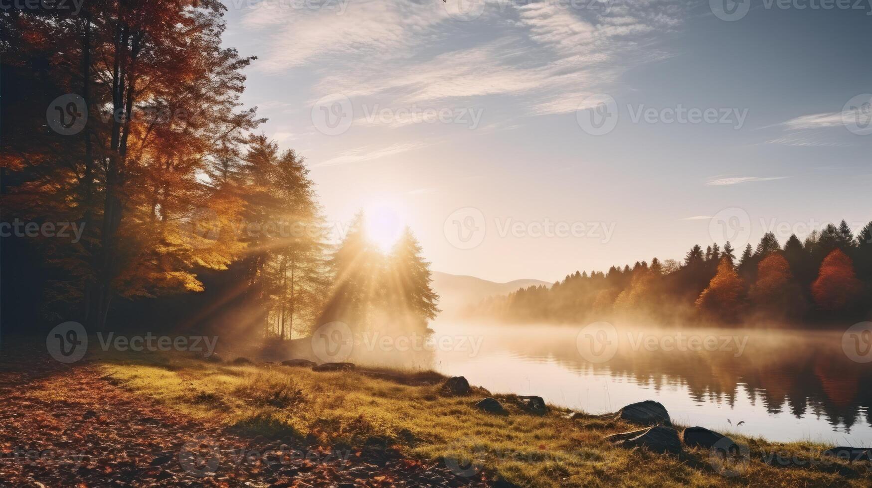 AI generated The Splendid Beauty of Sunrise Illuminating the Fall Landscape photo