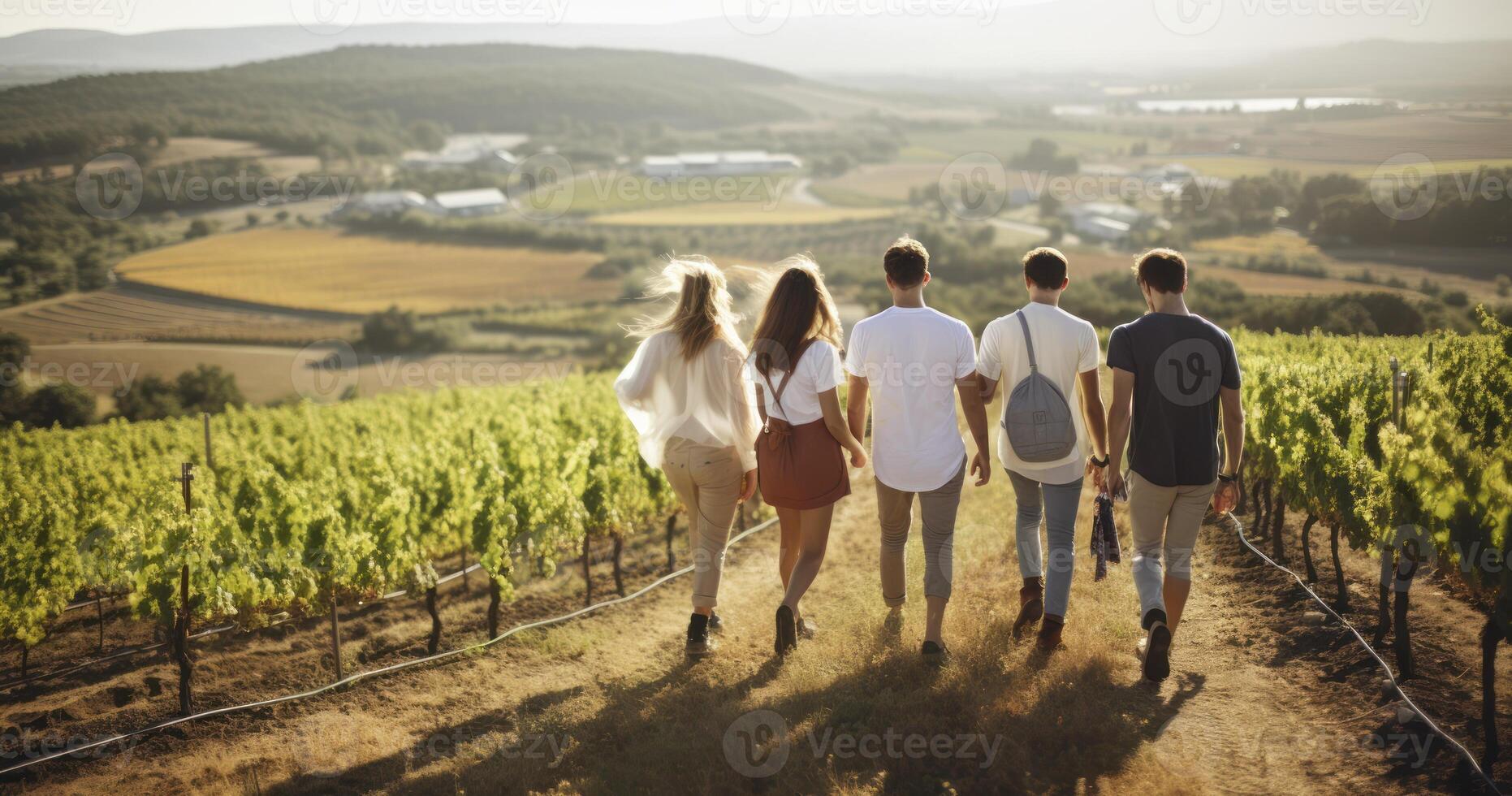 AI generated Rear view Group of young friends hanging out together, walking on the vineyard on a sunny day photo