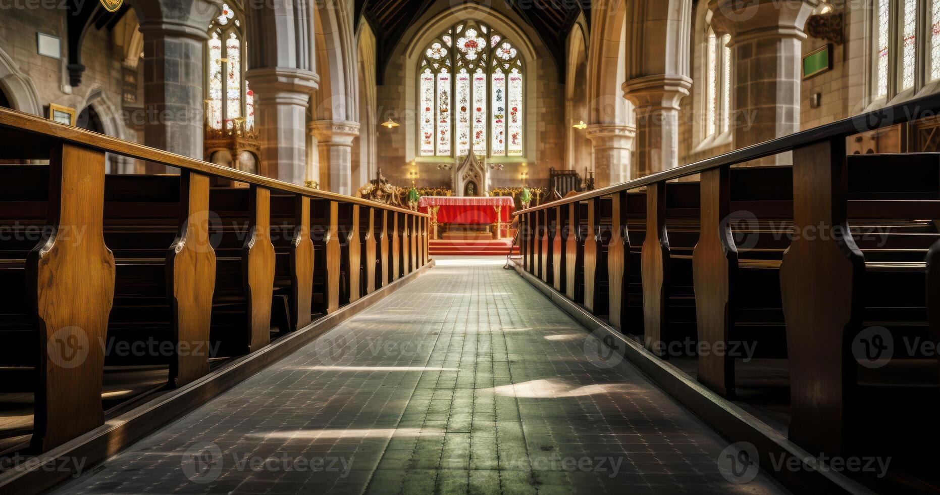 ai generado el majestuoso interior de un Iglesia sala, haciendo eco con espiritual serenidad foto