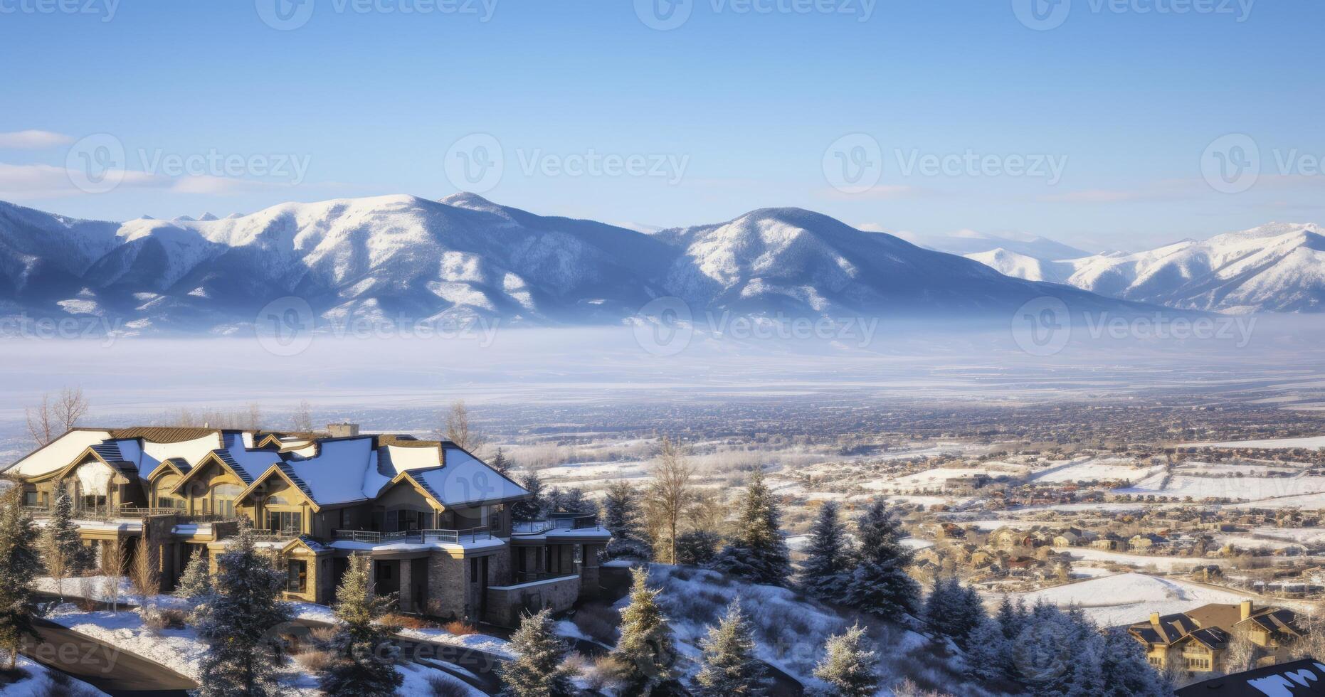 AI generated The Idyllic Scene of Snow-Covered Mountain Homes, Overlooking a Pristine Valley photo