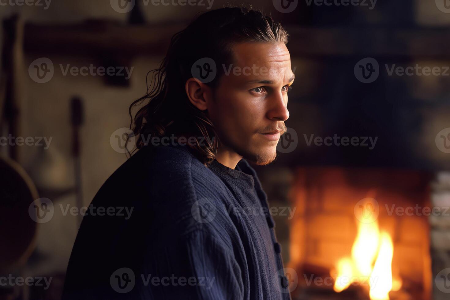 AI generated Scandinavian man at indoor fireplace. Generate ai photo