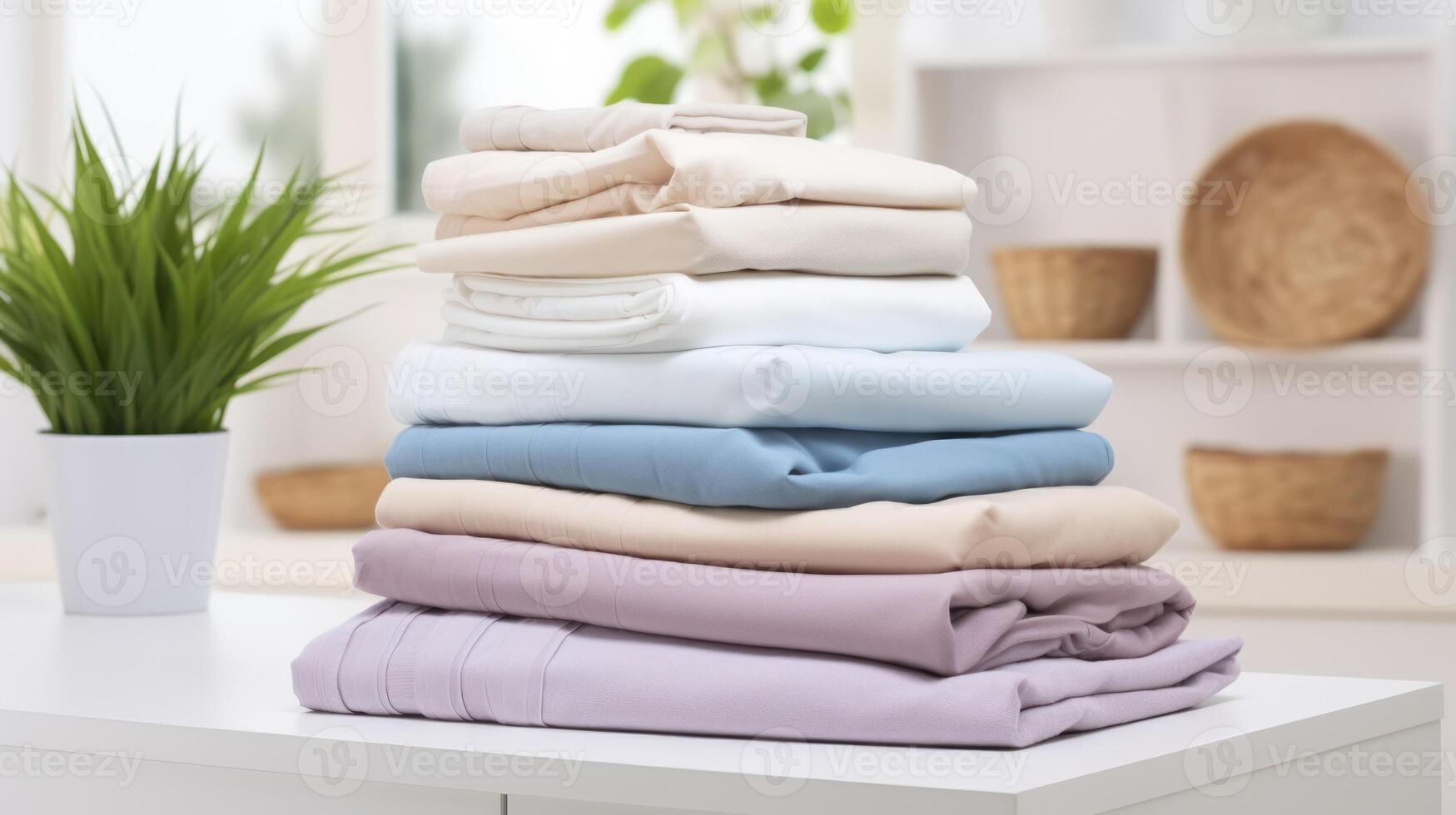 AI generated Laundry Room Harmony - Stack of clean bedding sheets on blurred laundry room background. photo