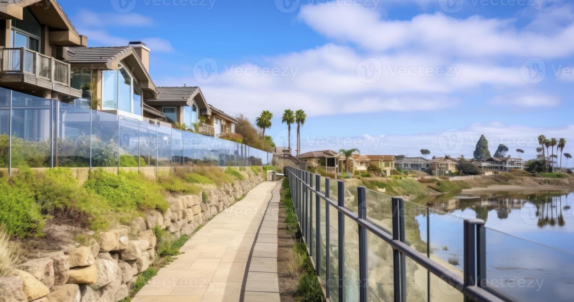 AI generated Scenic waterfront residential landscape. Pathway along homes with glass fences under skyscape of blue sky and clouds photo