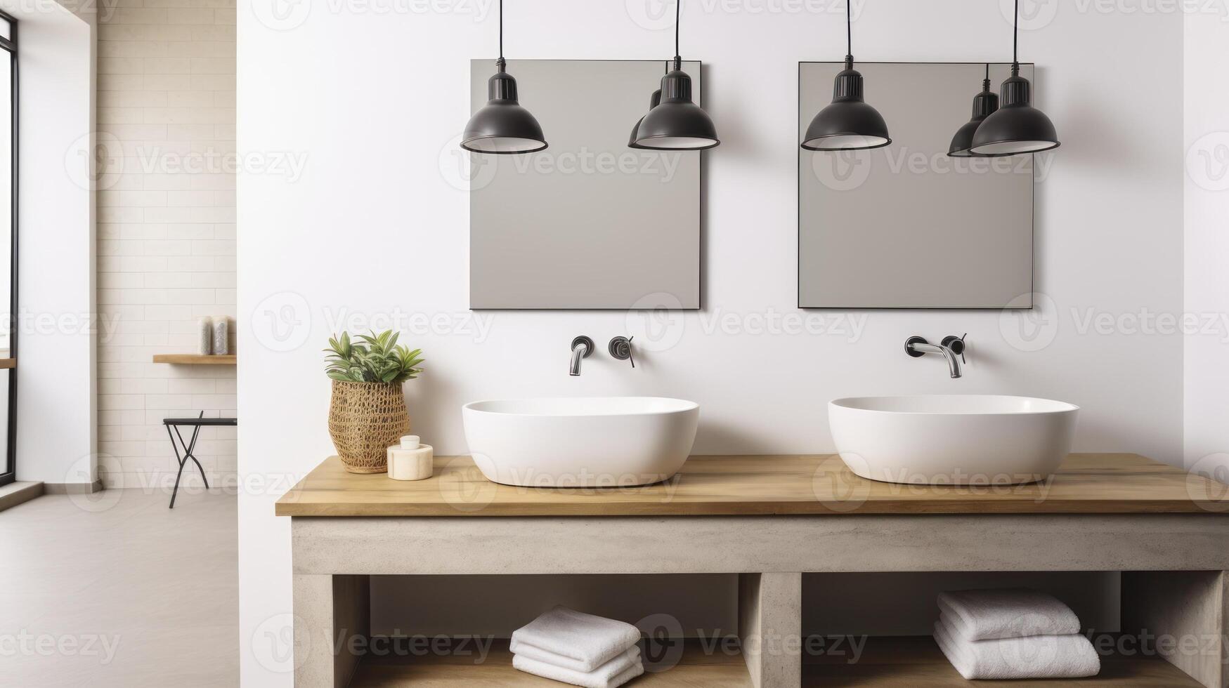 AI generated A Minimalist Bathroom Boasting a Pair of Sinks and a Warm Wooden Vanity photo