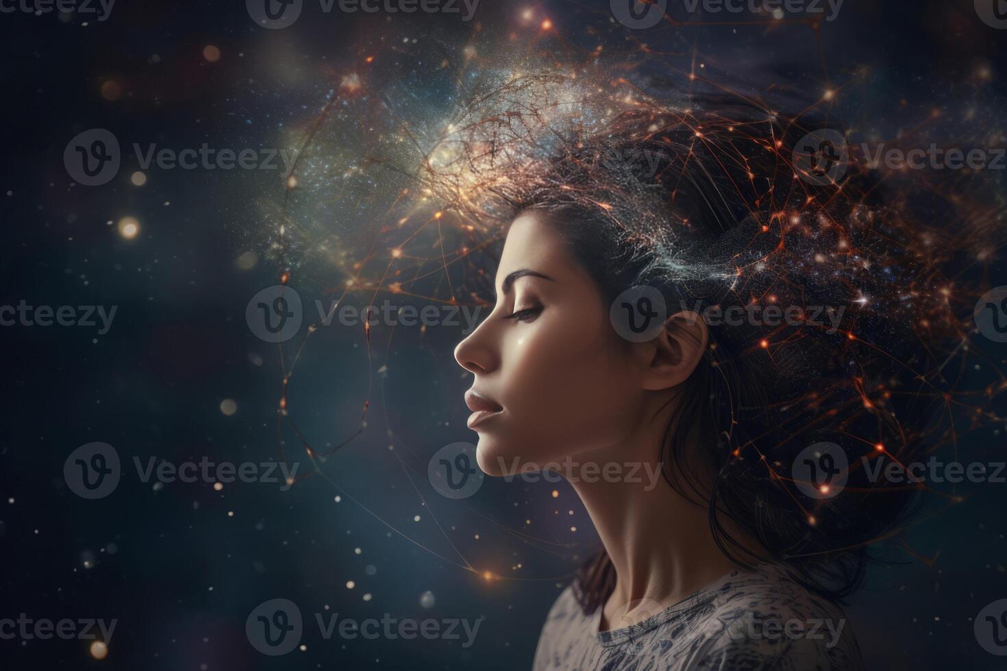 AI generated Woman enveloped expansive universe. Generate AI photo