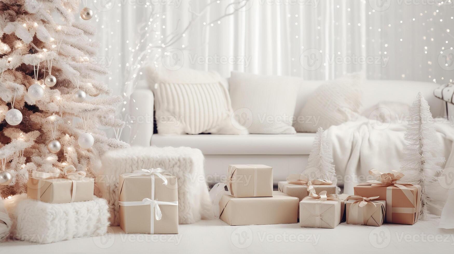 AI generated Cozy winter living room with Christmas tree. Christmas and New Year concept photo