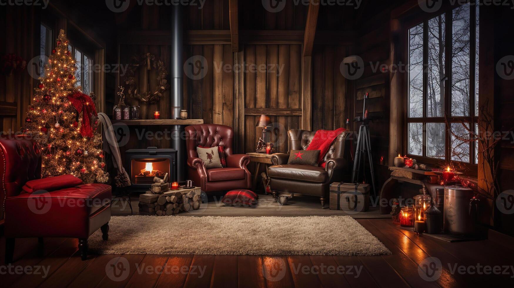 AI generated Cozy winter living room with Christmas tree and fireplace. Christmas and New Year concept photo