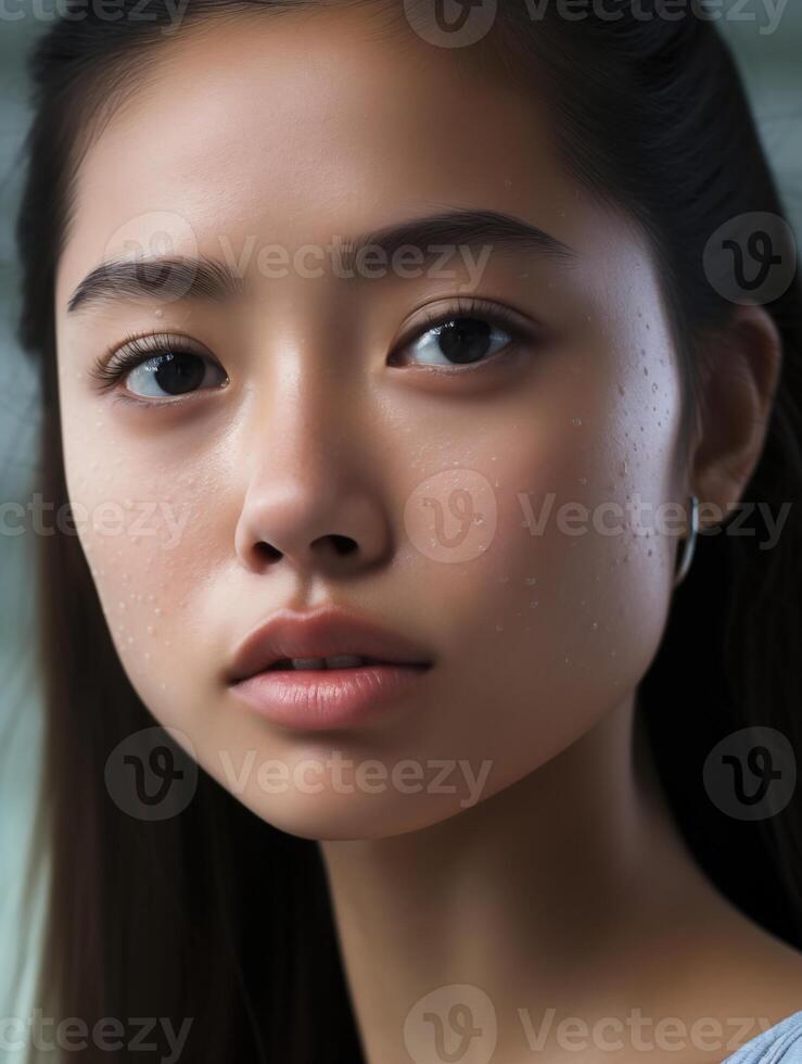 AI generated Beautiful young Asian woman with glowing healthy skin close-up. Natural beauty of a cute model. Advertising of cosmetics, perfumes photo