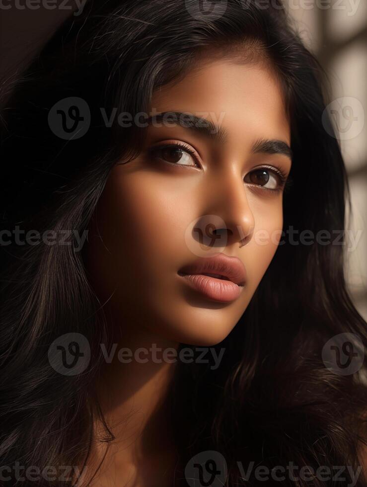 AI generated Beautiful young Mexican woman with long hair. Natural beauty close-up of a top model with glowing healthy skin. Advertising of cosmetics, perfumes photo