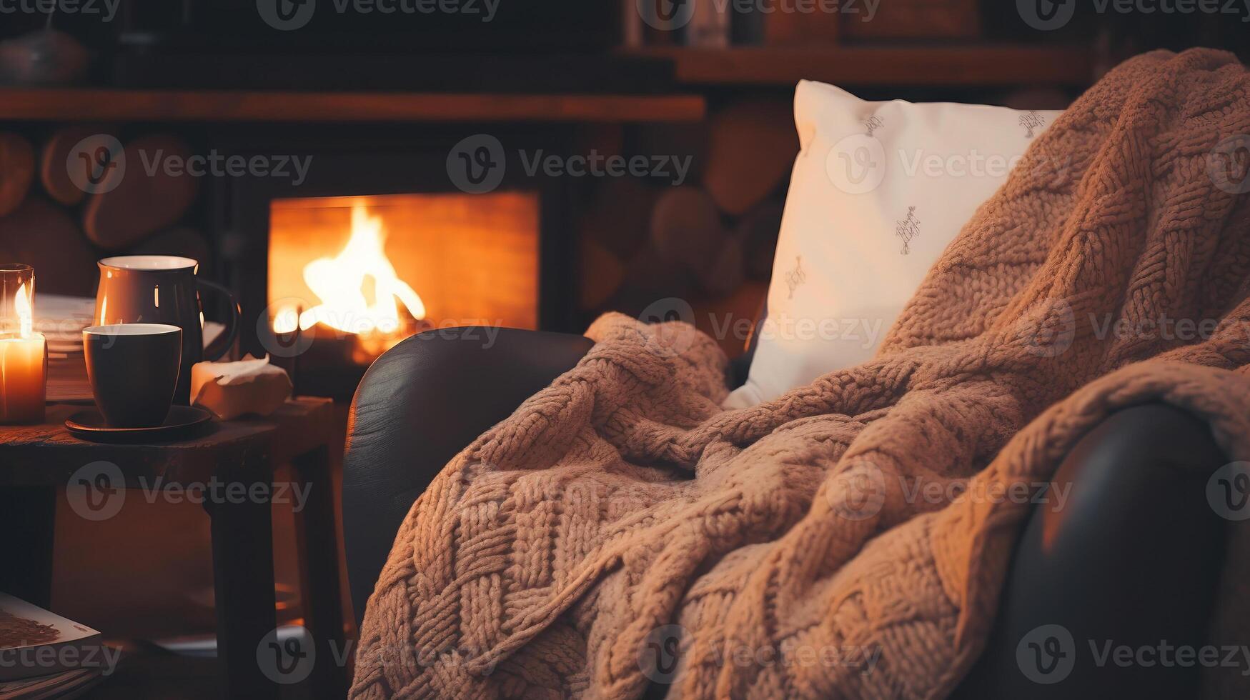 AI generated A blanket on a chair and fireplace. Cozy winter interior photo