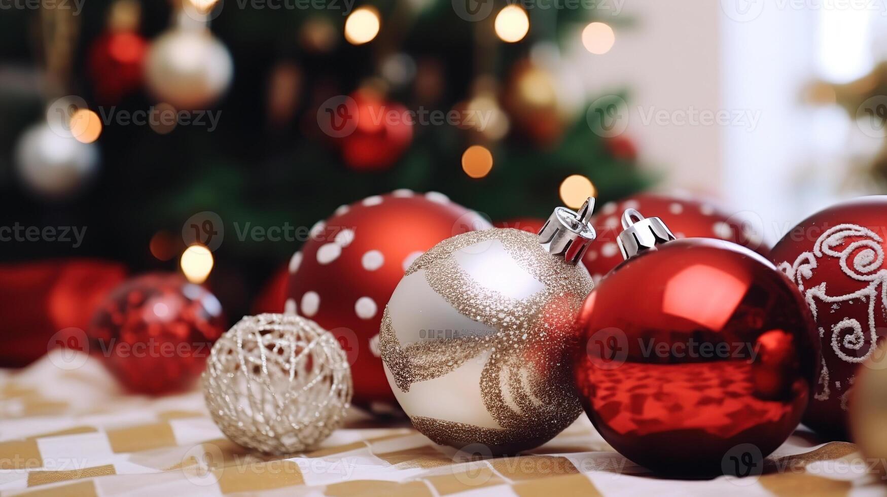 AI generated Christmas decorations close-up against the background of a Christmas tree photo