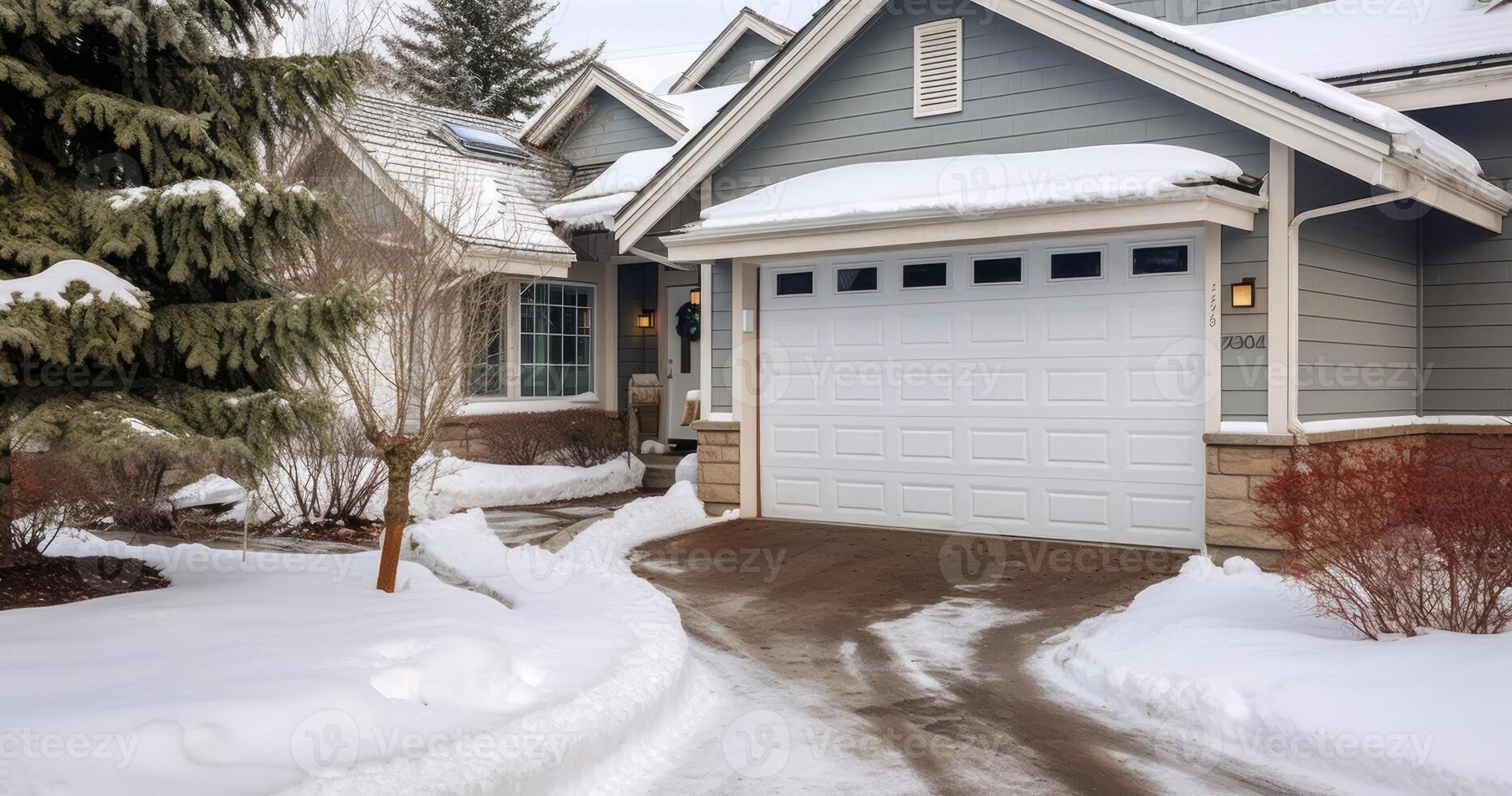 AI generated A Serene White Garage Door Entrance with a Roof and Yard Cloaked in Snow photo