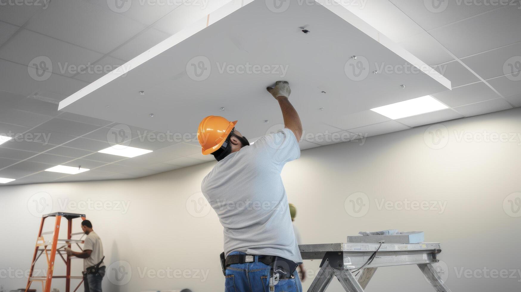 AI generated Specialized Technicians Executing a Precision Ceiling Panel Installation photo