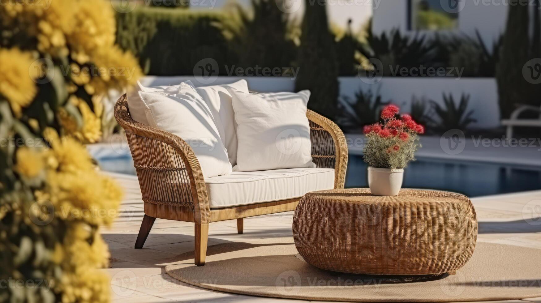 AI generated A Comfortable Armchair, Pouf-Turned-Table, and Stylish Wicker Couch in an Outdoor Setting photo