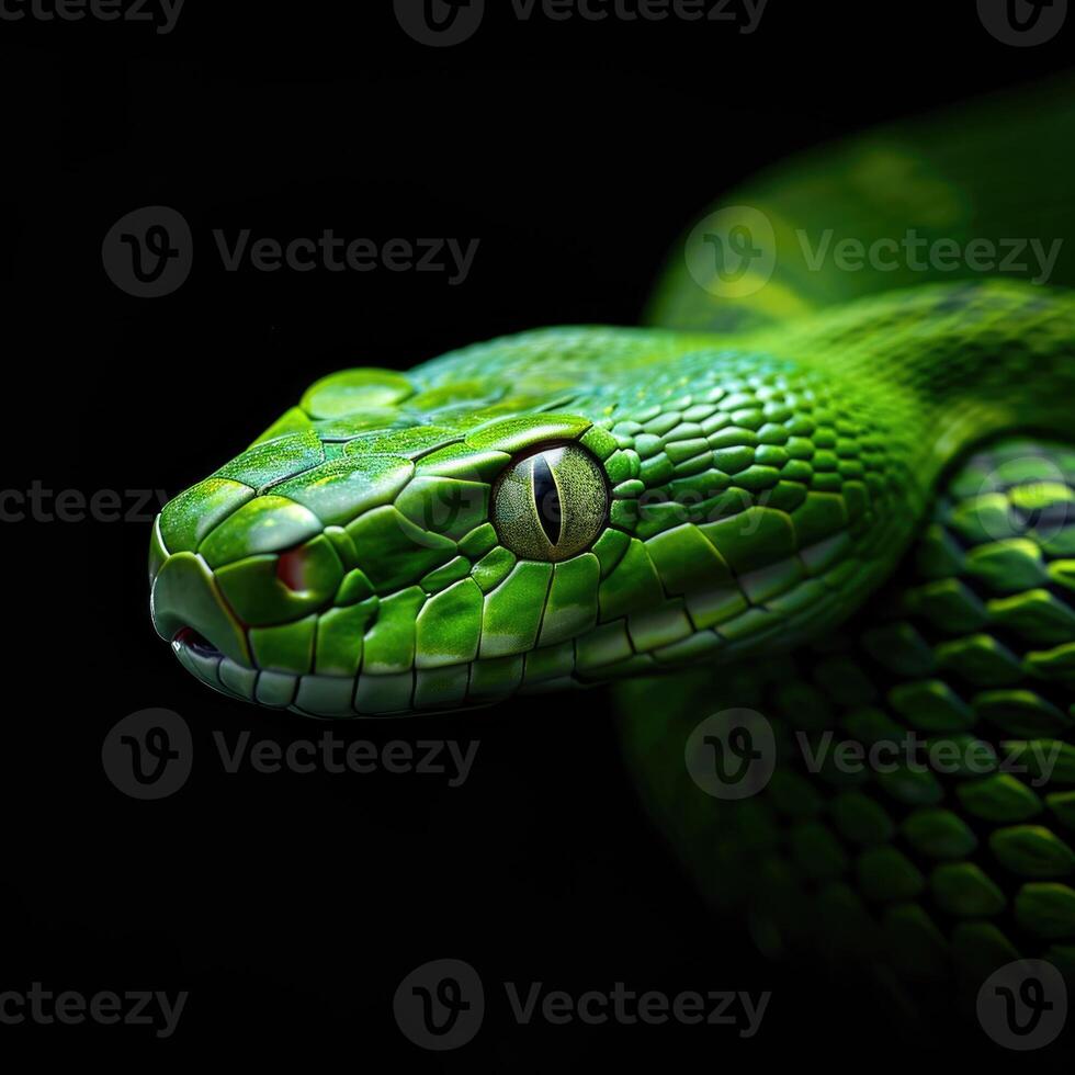 AI Generated In this mesmerizing close-up, encounter a vibrant green snake showcasing its intricate scales photo