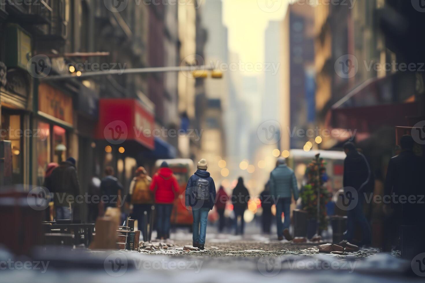 AI generated people walking down a city street in the snow photo