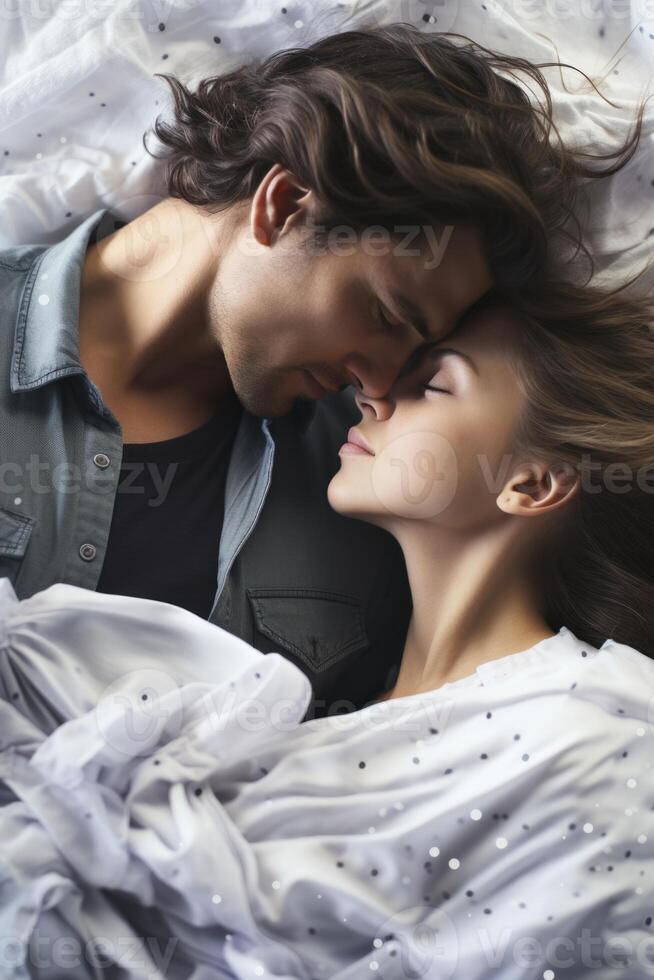 ai generado un hombre y mujer son acostado en cama juntos foto