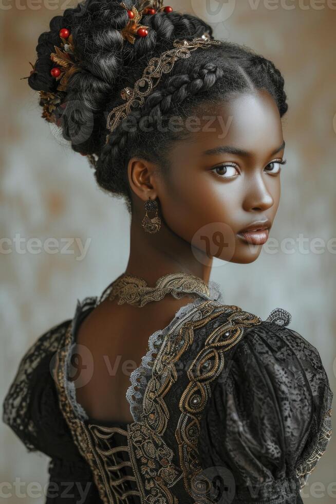 AI Generated In cinematic light and high key, capture the allure of a beautiful black woman in medieval clothing photo