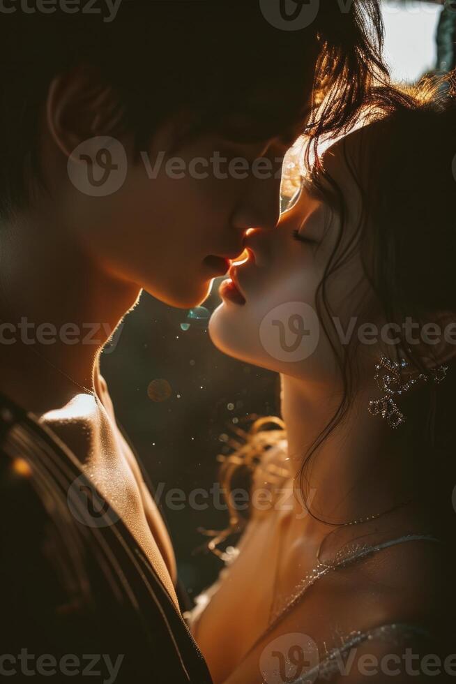 AI generated a couple kissing in the dark with the sun shining photo