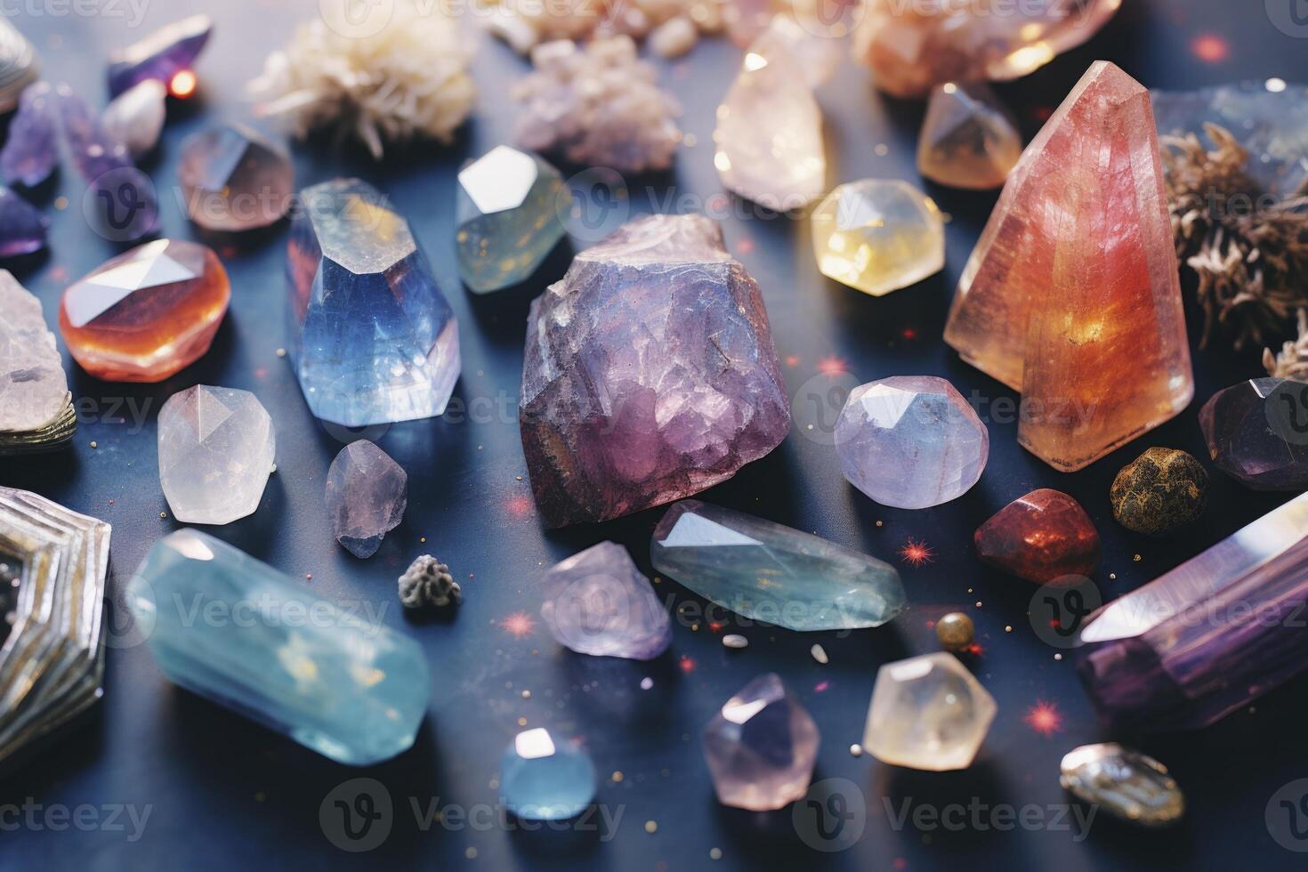 AI generated a variety of crystals and stones are arranged on a table photo