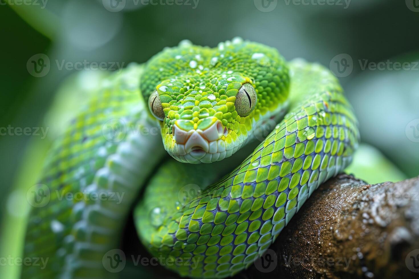 AI Generated In this mesmerizing close-up, encounter a vibrant green snake showcasing its intricate scales photo